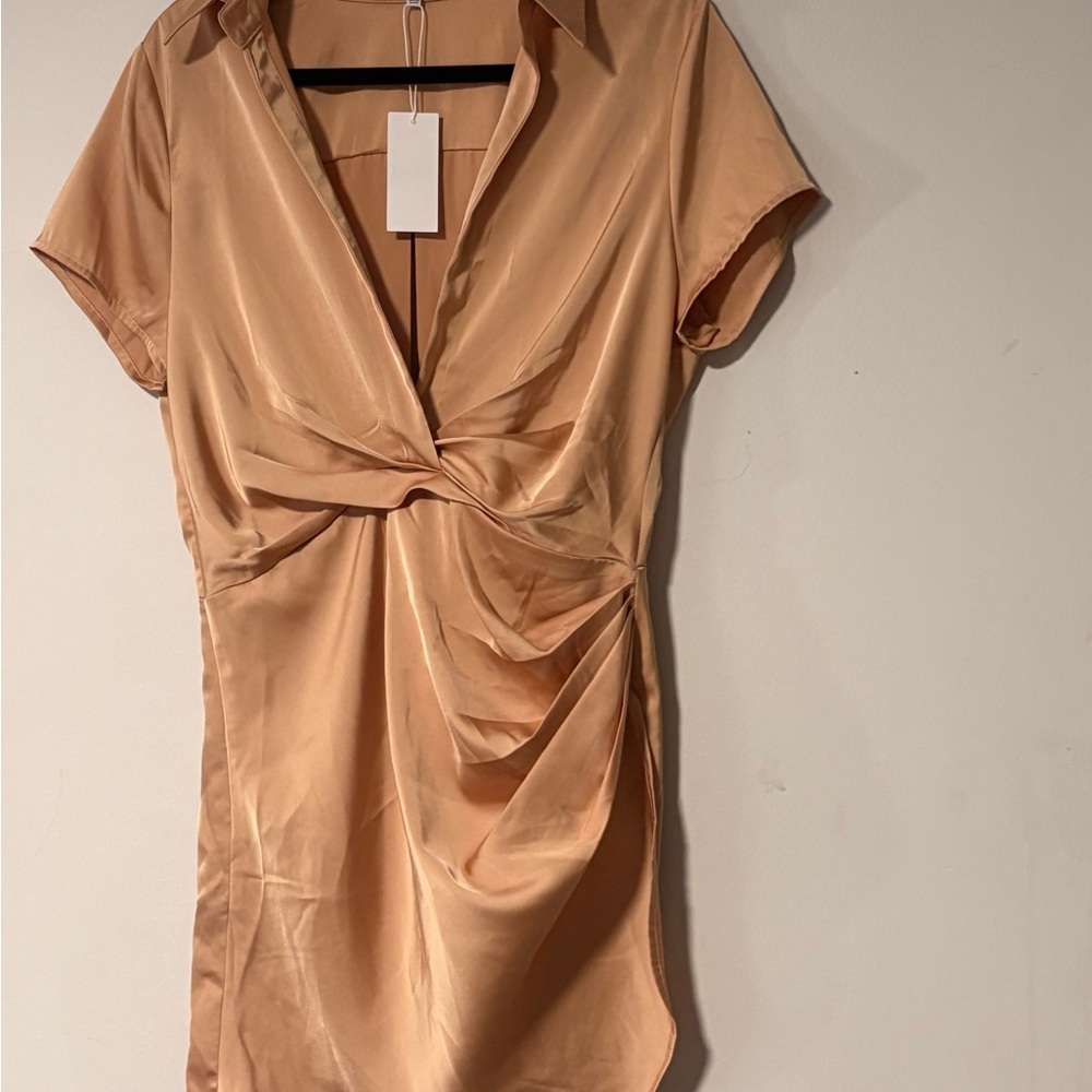 Chic Tan Satin Dress with Twist Front